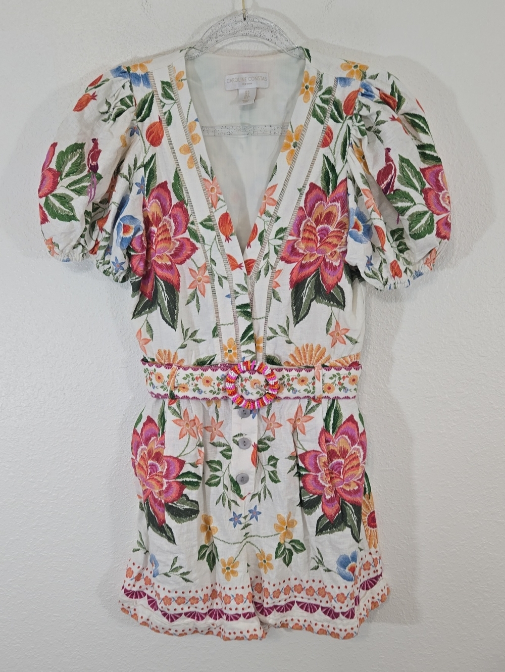 Caroline Constas Floral Belted Romper w/Beaded Belt Cottagecore Vacay Boho, 4